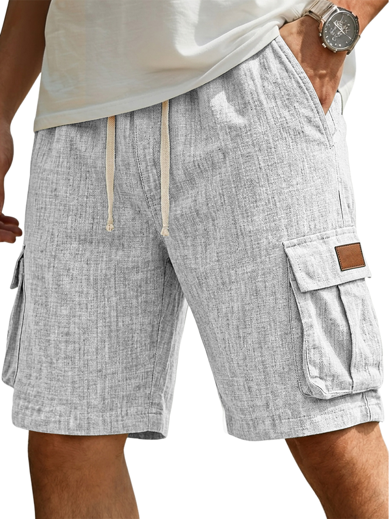 Men's Casual Linen Multi-Pocket Embroidered Logo Cargo Shorts