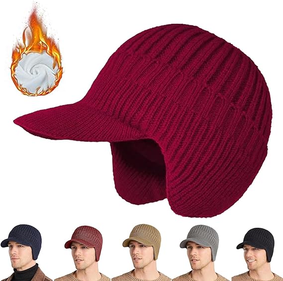 Winter Elastic Warm Hat, Men's Windproof Knitted Cap with Brim and Ear Flaps for Outdoor Riding