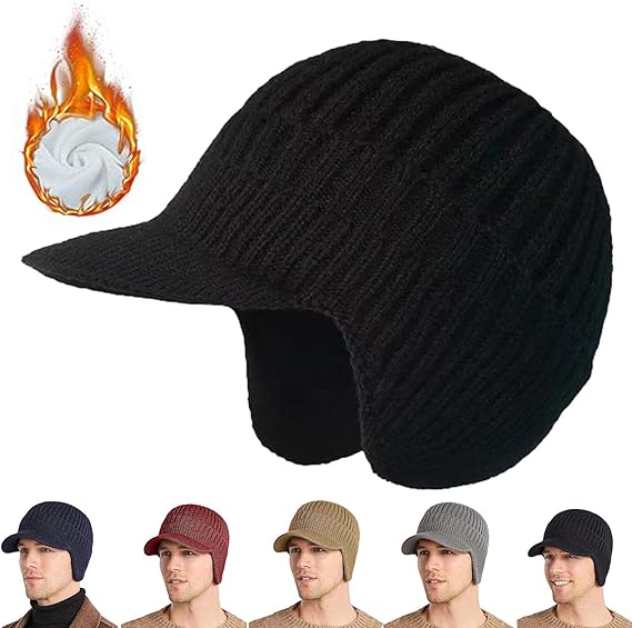 Winter Elastic Warm Hat, Men's Windproof Knitted Cap with Brim and Ear Flaps for Outdoor Riding