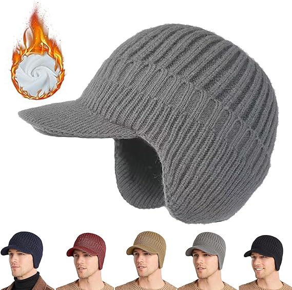 Winter Elastic Warm Hat, Men's Windproof Knitted Cap with Brim and Ear Flaps for Outdoor Riding