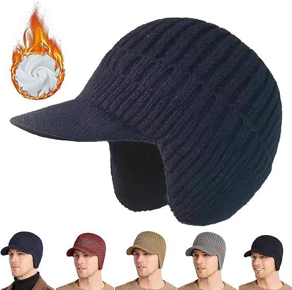 Winter Elastic Warm Hat, Men's Windproof Knitted Cap with Brim and Ear Flaps for Outdoor Riding