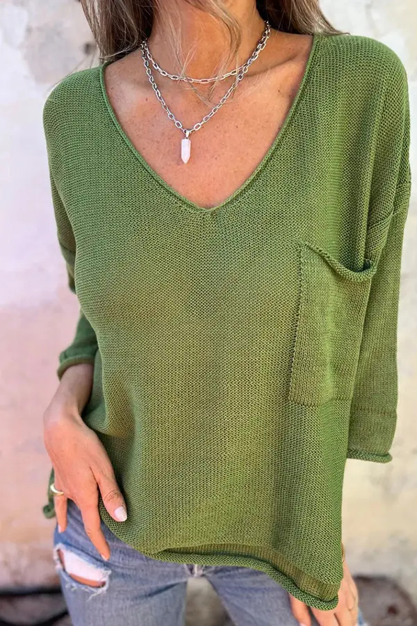 Fashionable Hollow V-neck Long-sleeved Casual Loose Knitted Solid Women Top