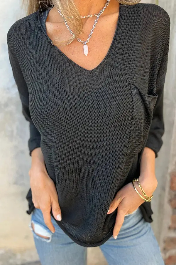 Fashionable Hollow V-neck Long-sleeved Casual Loose Knitted Solid Women Top