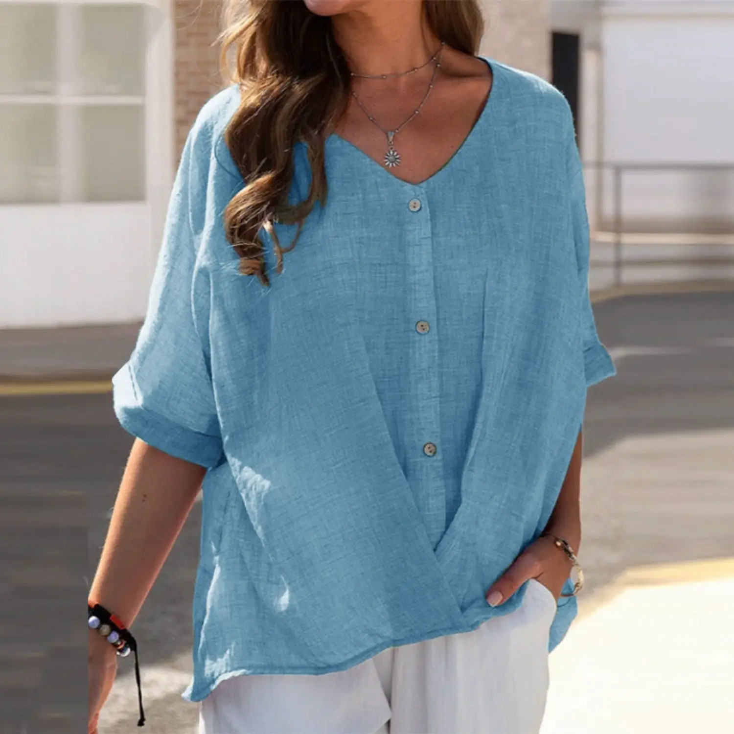 Women's cotton and linen button-down V-neck short-sleeved shirt