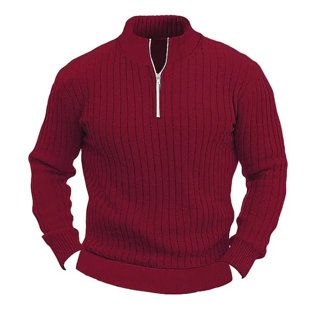 Men's Solid Color Stand Collar Knitted Pullover Sweater
