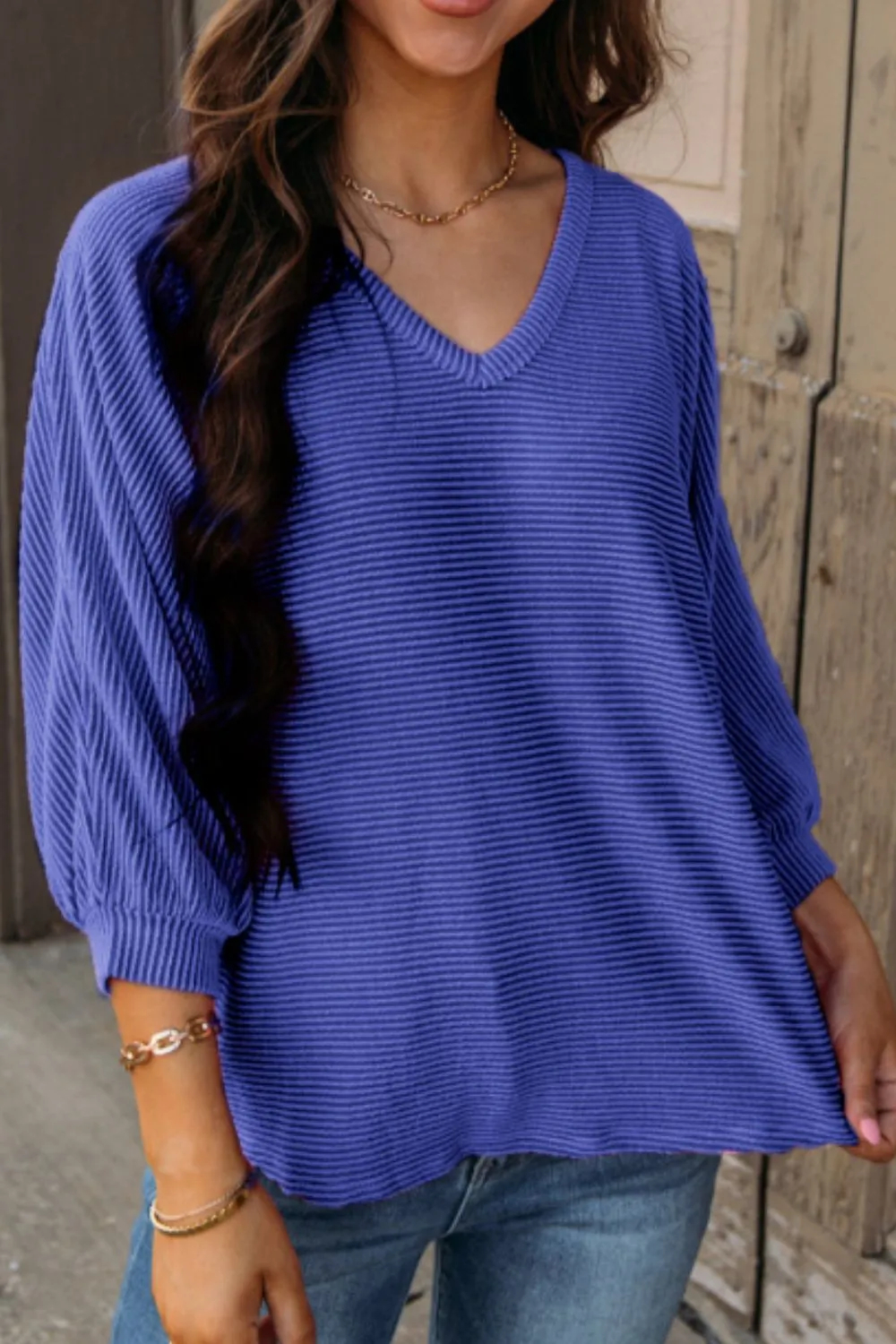 Women's Texture V-Neck Long Sleeve Top
