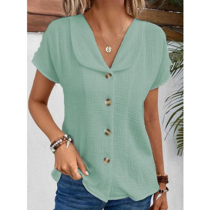Summer new solid color short-sleeved cardigan button women's tops thin style