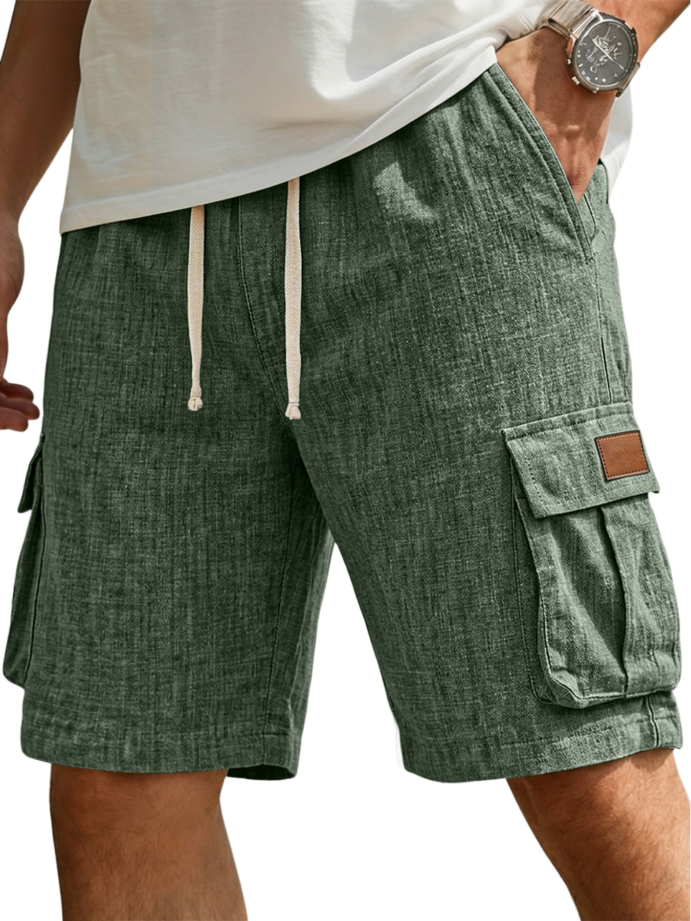 Men's Casual Linen Multi-Pocket Embroidered Logo Cargo Shorts