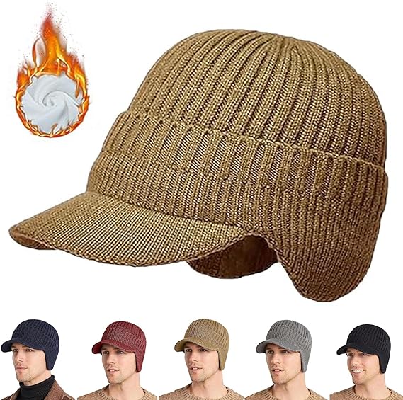 Winter Elastic Warm Hat, Men's Windproof Knitted Cap with Brim and Ear Flaps for Outdoor Riding