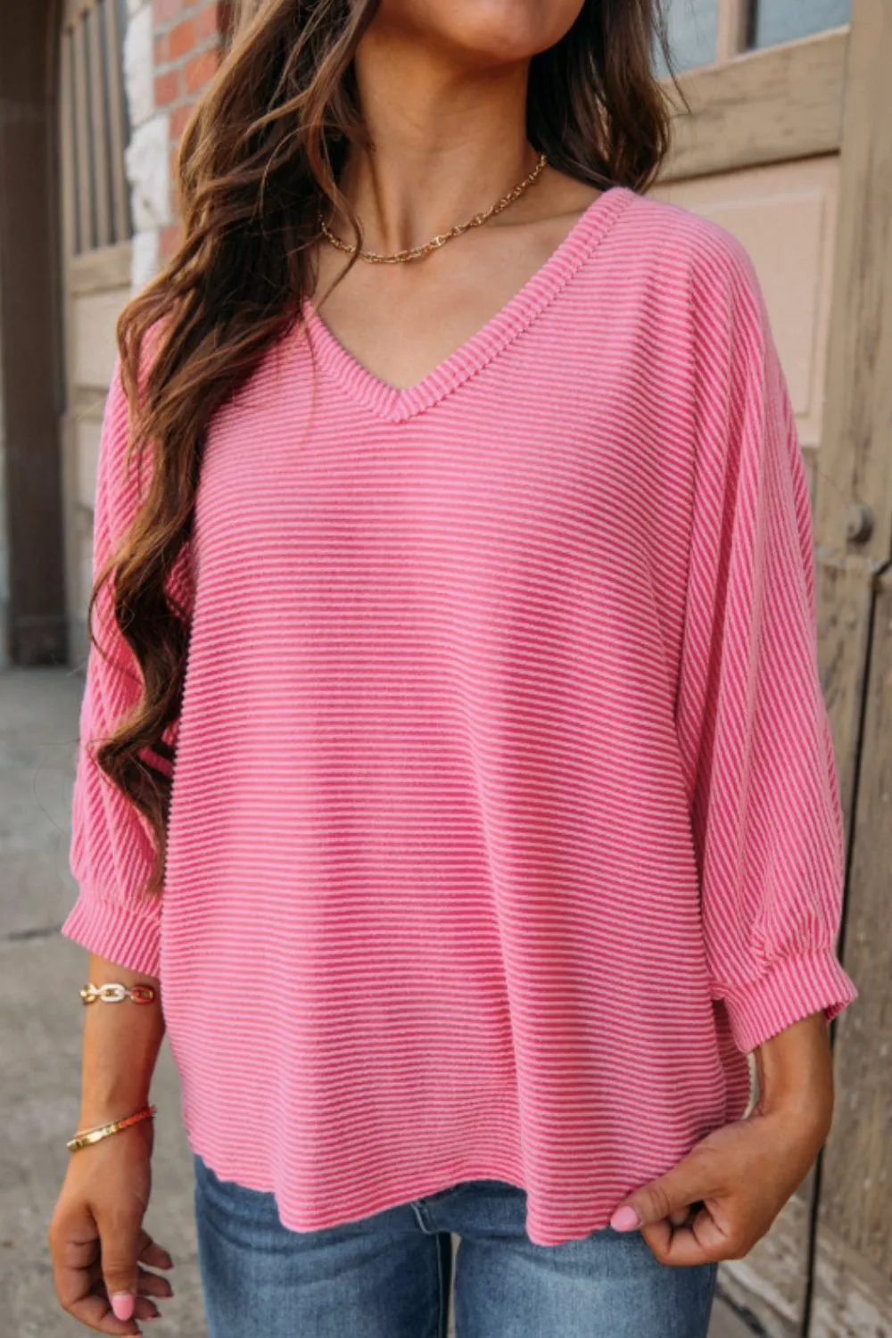 Women's Texture V-Neck Long Sleeve Top