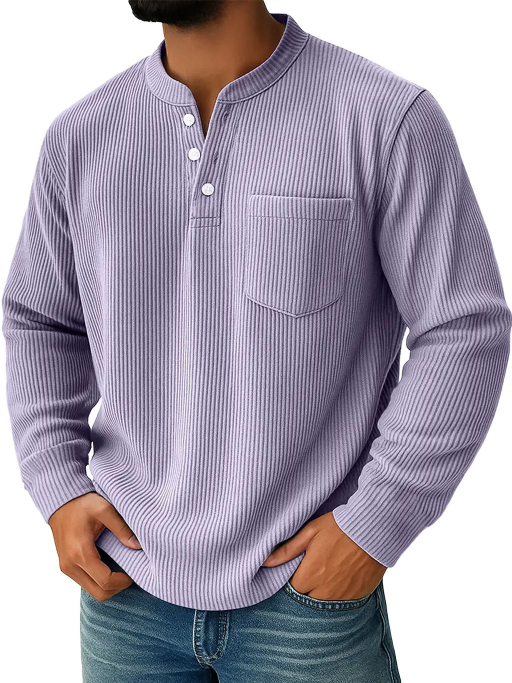 Men's Simple Everyday Ribbed Stand Collar Pocket Casual Long Sleeve Henley Shirt
