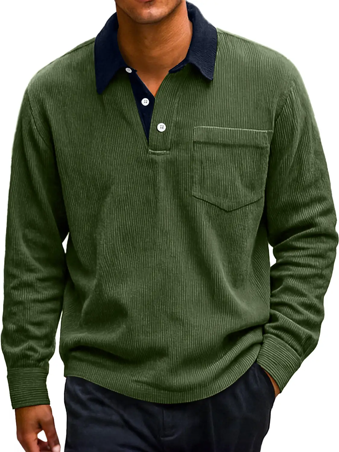 Men's Retro Corduroy Lapel Colorblock Casual Long-sleeved Polo Shirt