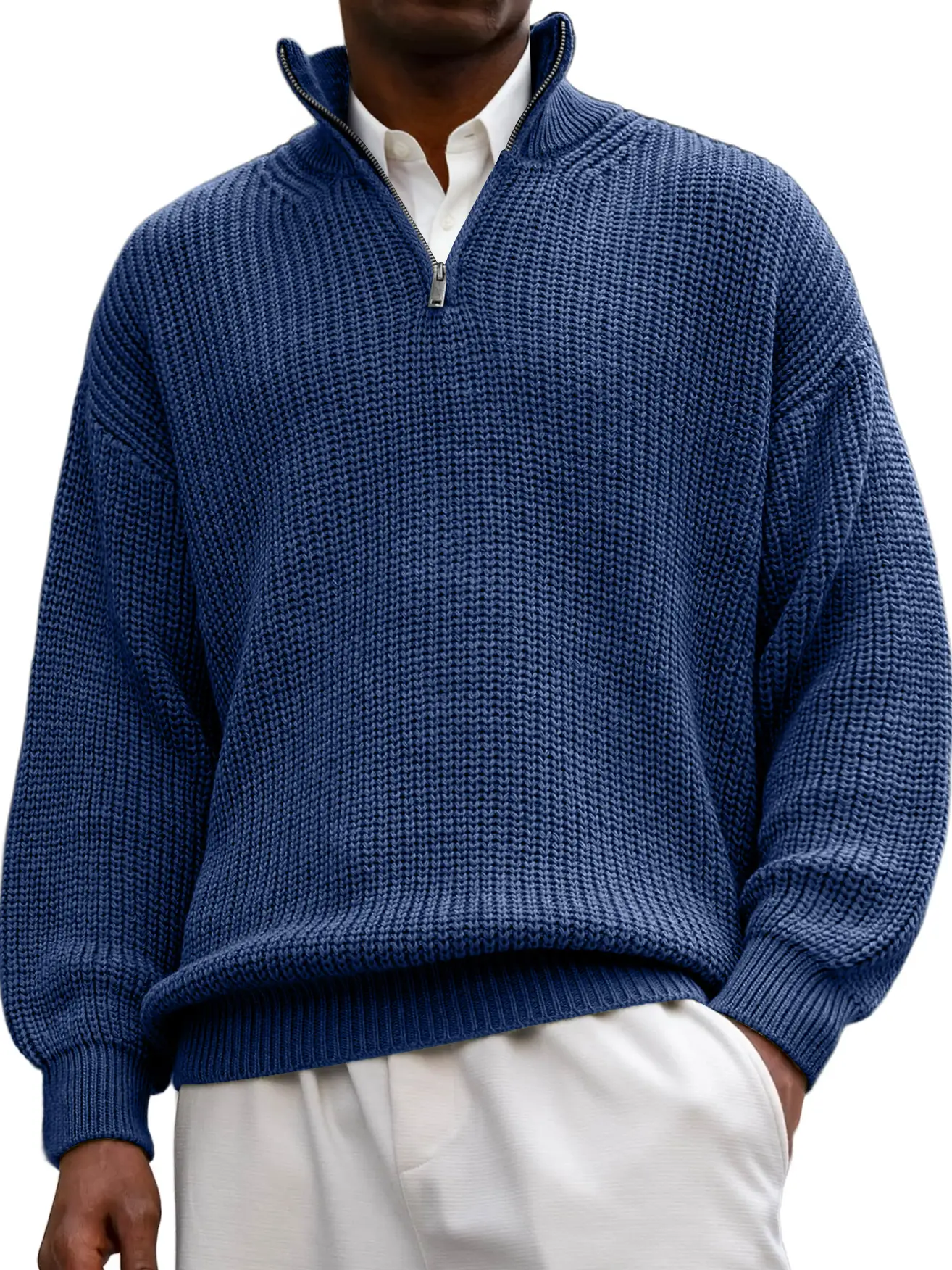 Men's Textured Lapel Zipper Casual Long Sleeve Sweater