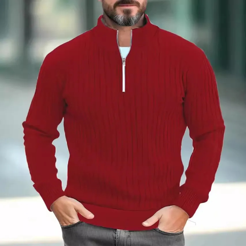 Men's Solid Color Stand Collar Knitted Pullover Sweater