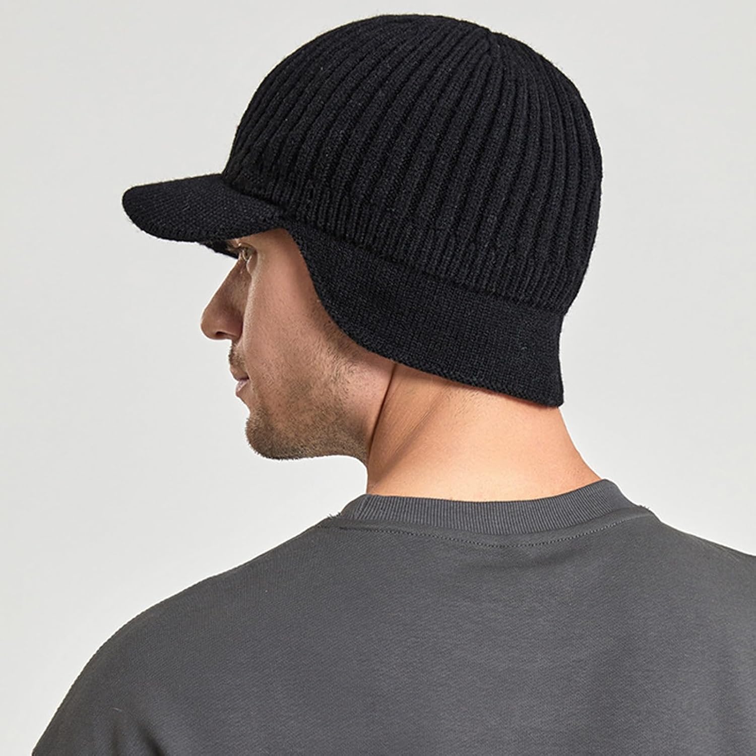 Winter Elastic Warm Hat, Men's Windproof Knitted Cap with Brim and Ear Flaps for Outdoor Riding