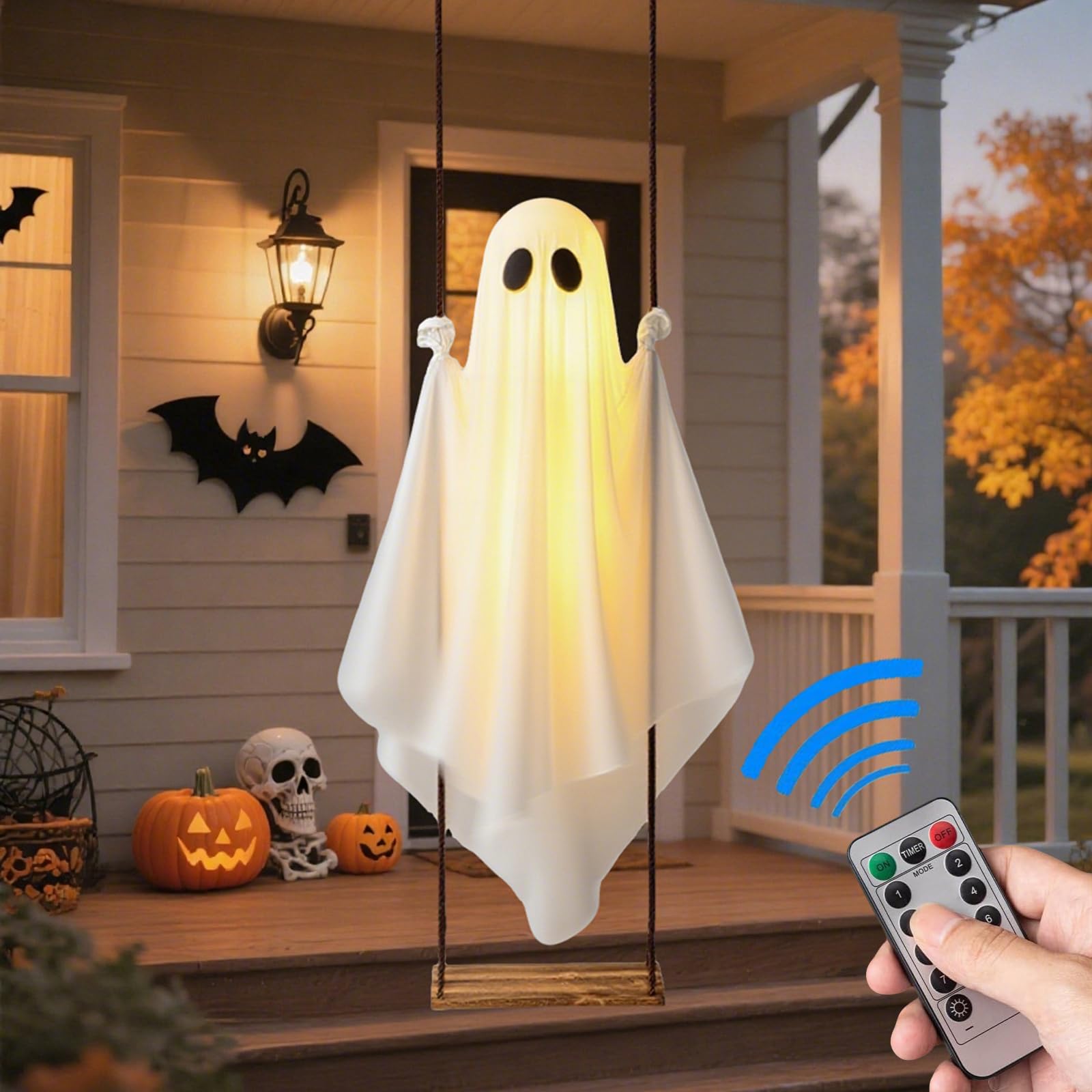 🔥Hanging Swinging Ghost Halloween Decor，Load Capacity 100kg (with Light and Remote Control)