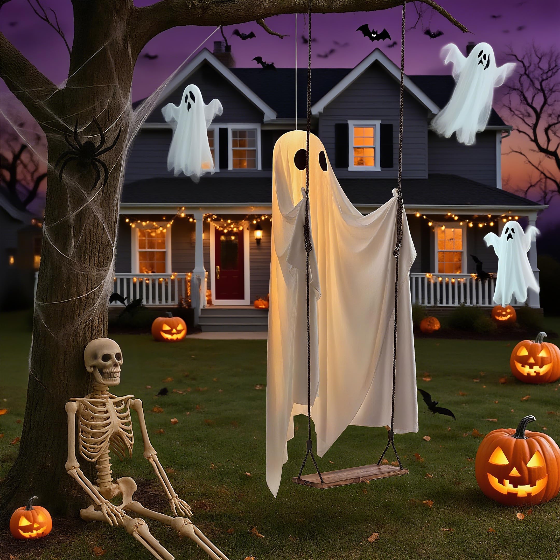 🔥Hanging Swinging Ghost Halloween Decor，Load Capacity 100kg (with Light and Remote Control)