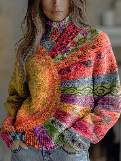 Women's Vintage Lovely Floral Art Print Knit Turtleneck Pullover Sweater