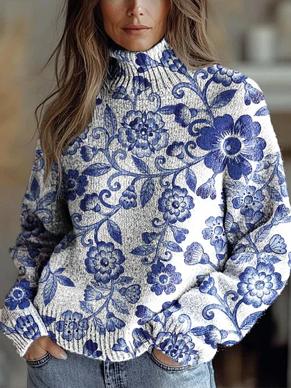 Women's Vintage Lovely Floral Art Print Knit Turtleneck Pullover Sweater