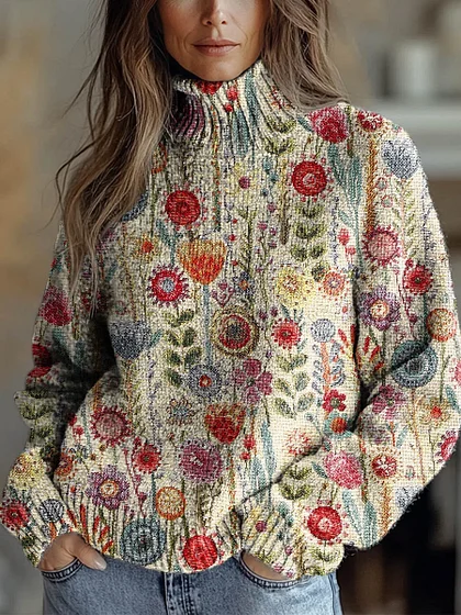 Women's Vintage Lovely Floral Art Print Knit Turtleneck Pullover Sweater