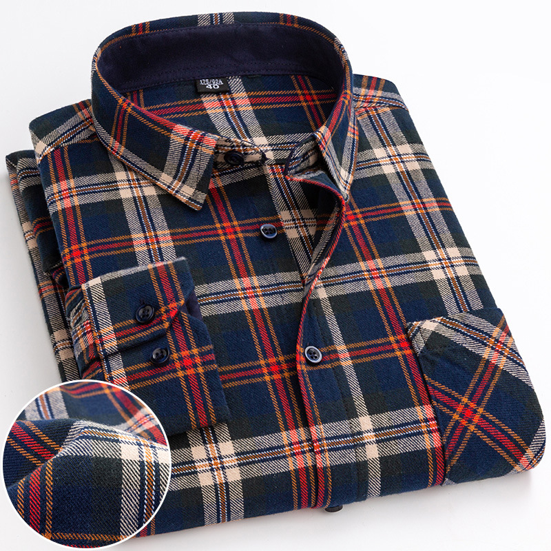Men's Casual Plaid Shirt – Cotton Brushed, Polo Collar, All Seasons