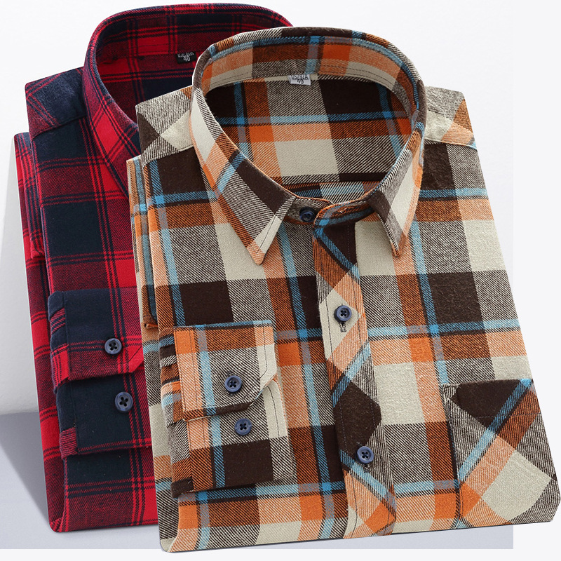 Men's Casual Plaid Shirt – Cotton Brushed, Polo Collar, All Seasons