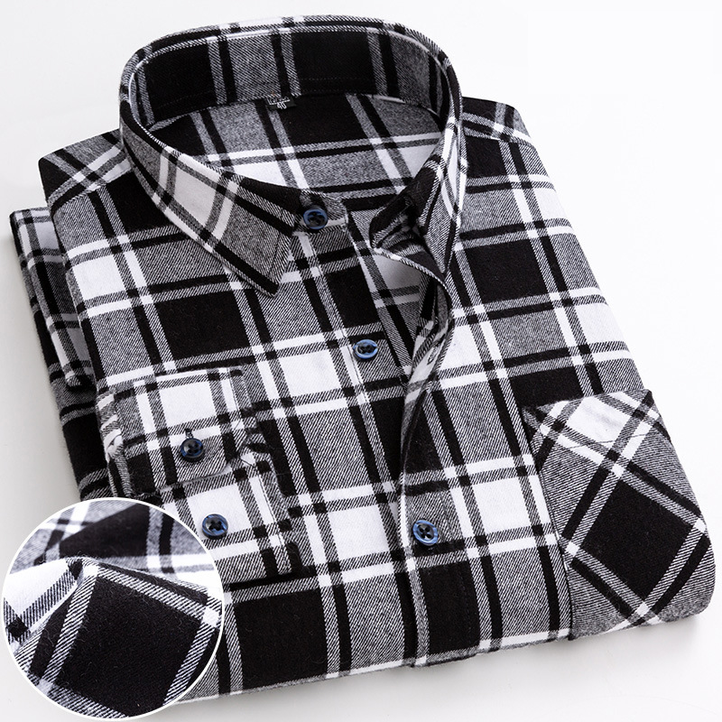 Men's Casual Plaid Shirt – Cotton Brushed, Polo Collar, All Seasons