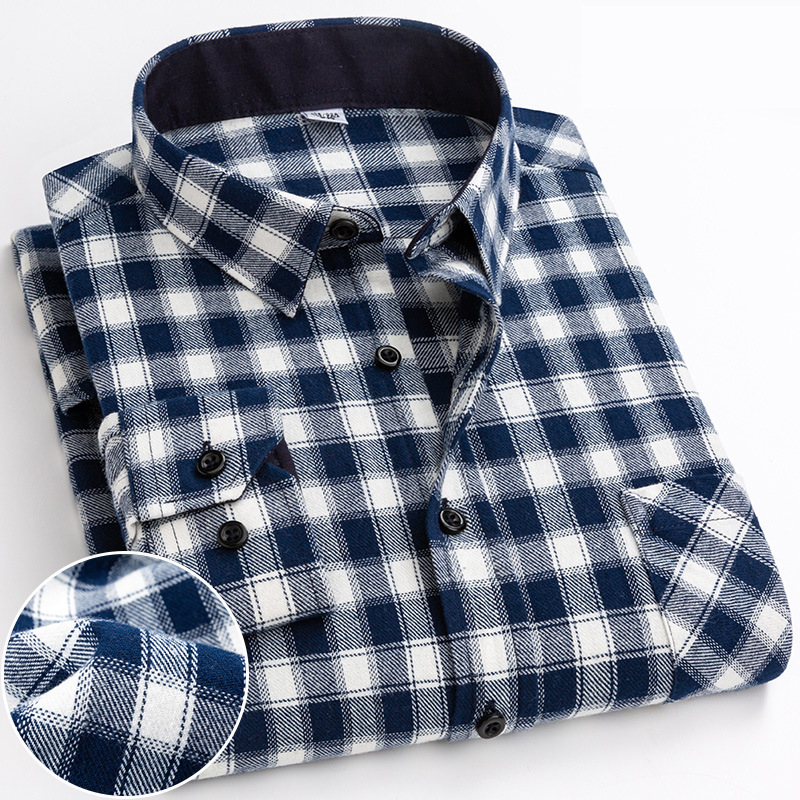 Men's Casual Plaid Shirt – Cotton Brushed, Polo Collar, All Seasons