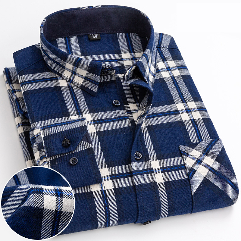 Men's Casual Plaid Shirt – Cotton Brushed, Polo Collar, All Seasons