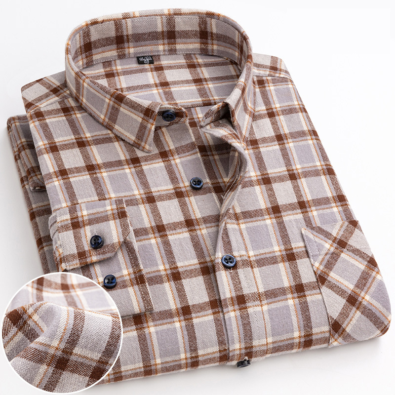 Men's Casual Plaid Shirt – Cotton Brushed, Polo Collar, All Seasons