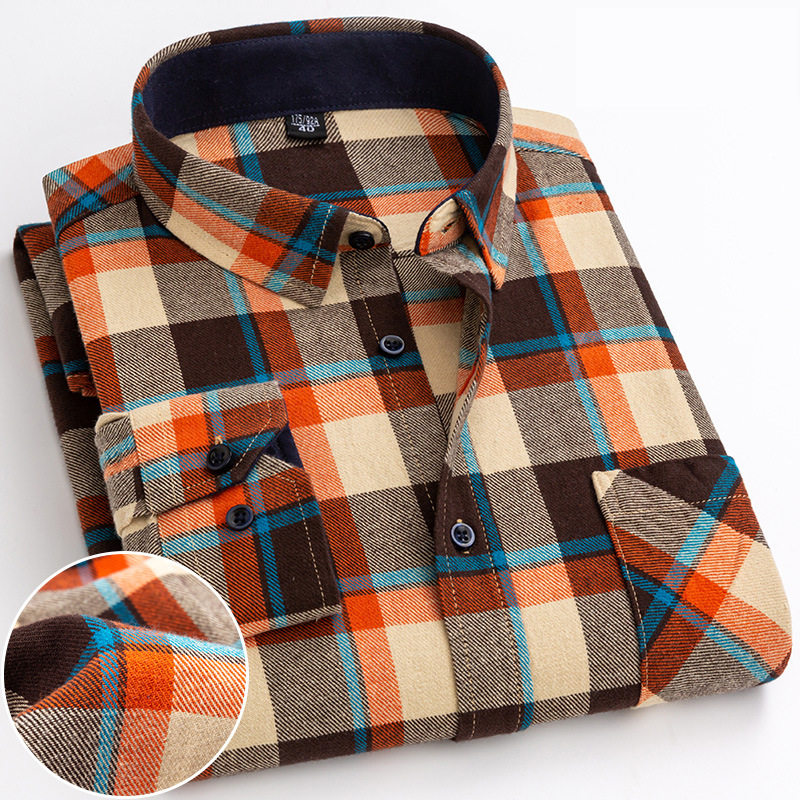 Men's Casual Plaid Shirt – Cotton Brushed, Polo Collar, All Seasons