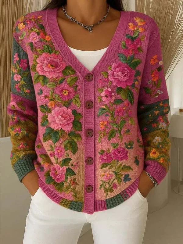 Women's Elegant Vintage Print Button-Down V-Neck Cardigan