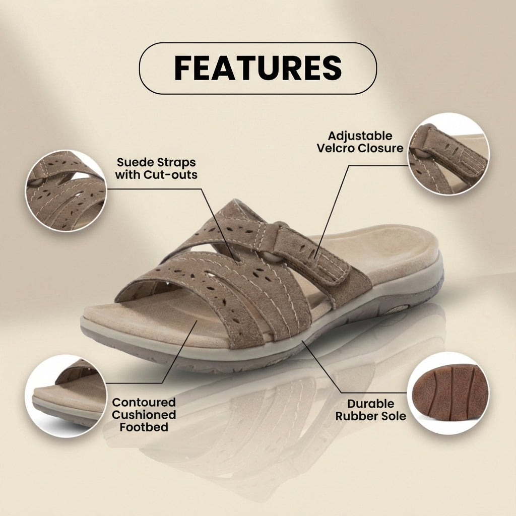 Orthopedic Suede Slide Sandals - Perforated Cutout & Velcro Closure
