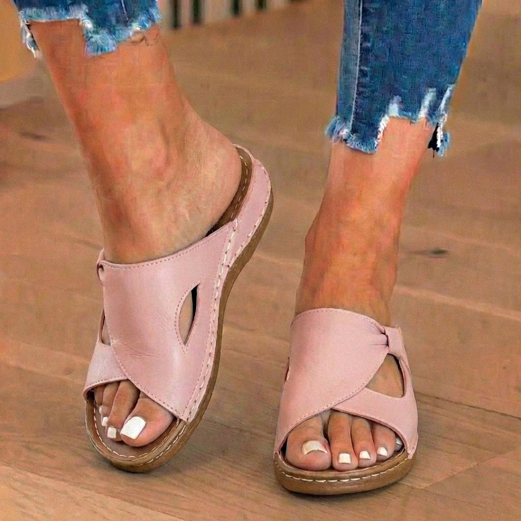 🔥LAST DAY 70% OFF🔥 Orthopedic Leather Crossover Slide Sandals - Contrast Stitching Detail