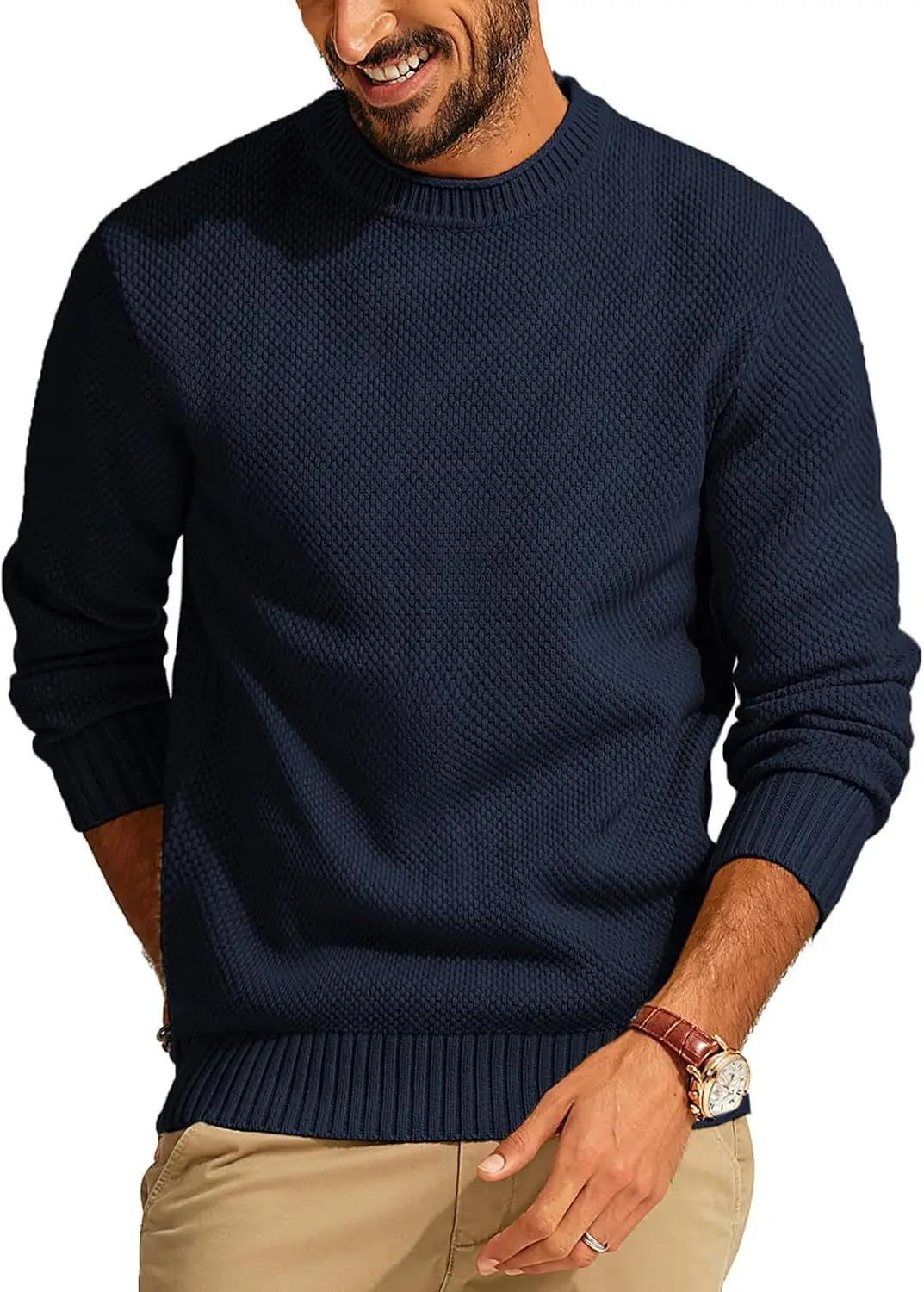 Men's Casual Pullover Solid Color Waffle Crew Neck Sweater