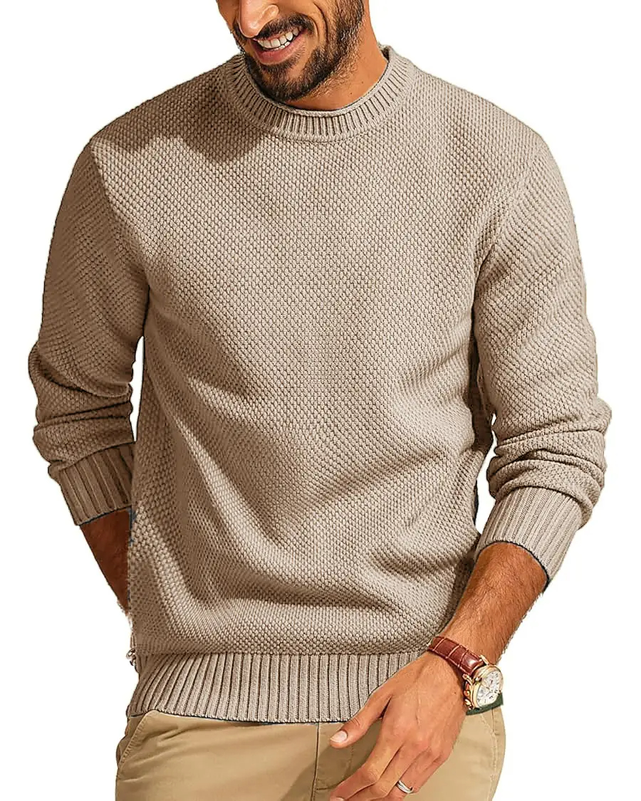 Men's Casual Pullover Solid Color Waffle Crew Neck Sweater