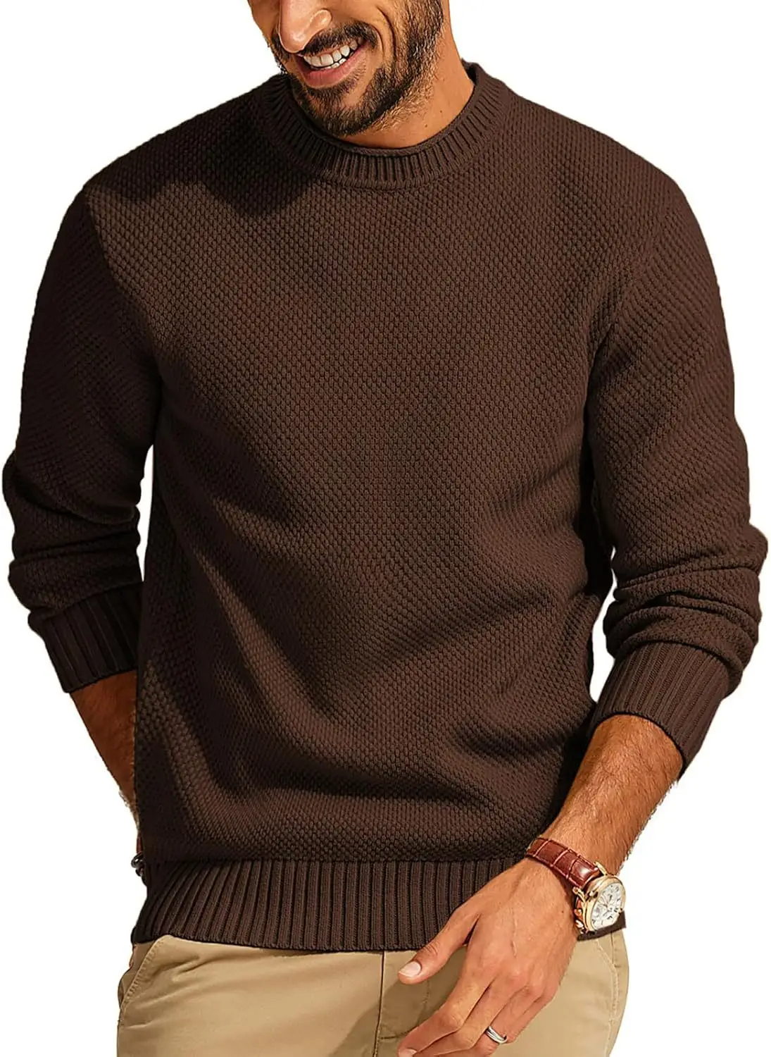 Men's Casual Pullover Solid Color Waffle Crew Neck Sweater