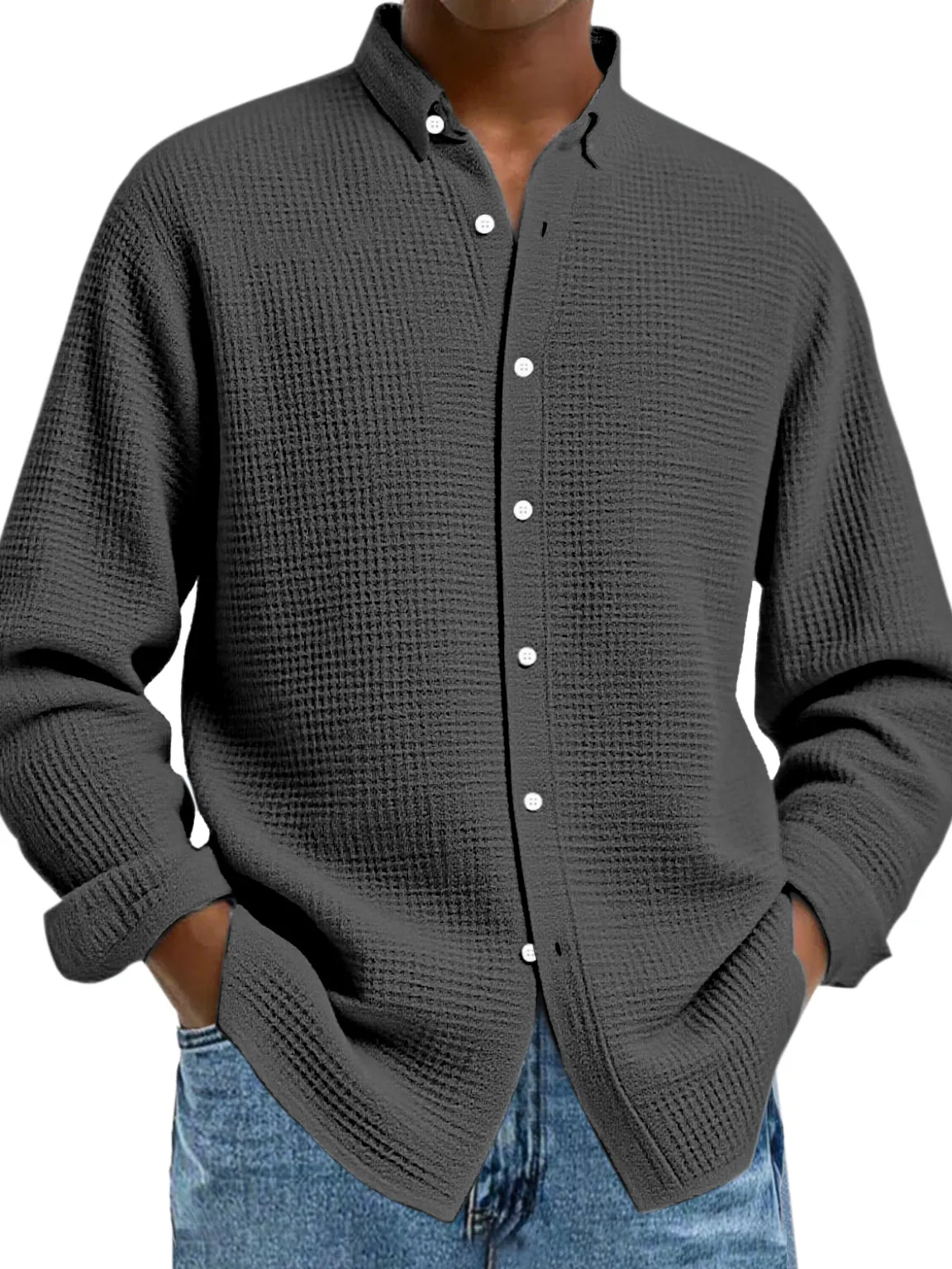 Men's Casual Solid Color Waffle Button Long Sleeve Shirt