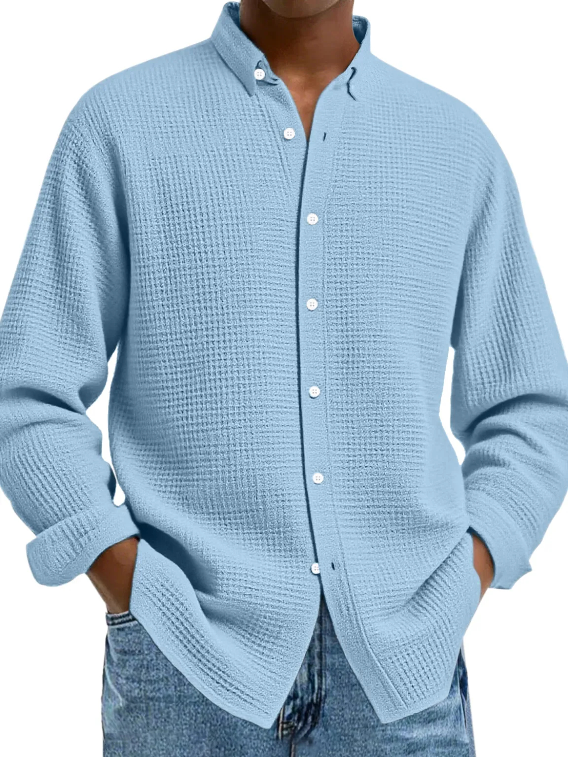 Men's Casual Solid Color Waffle Button Long Sleeve Shirt