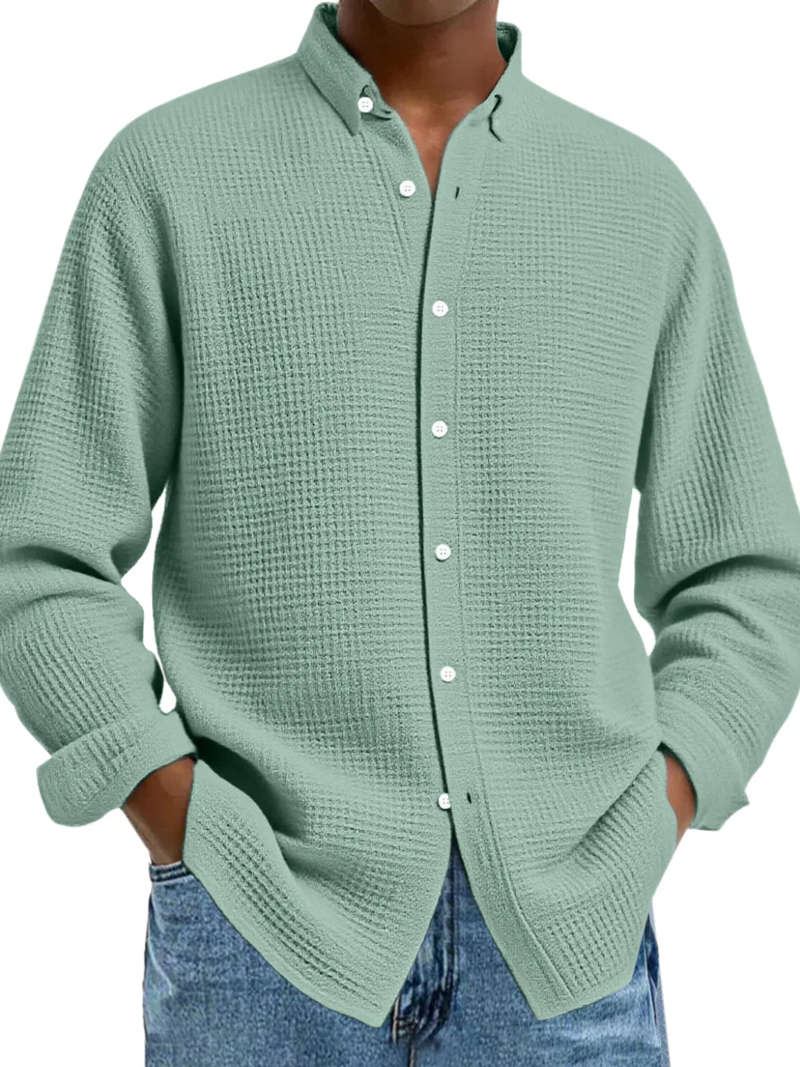 Men's Casual Solid Color Waffle Button Long Sleeve Shirt