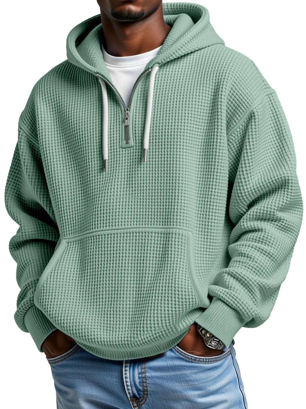🔥Clearance Sale - Men's Wear Fashionable Casual Waffle Fabric Zipper Hooded Pockets Loose Coat