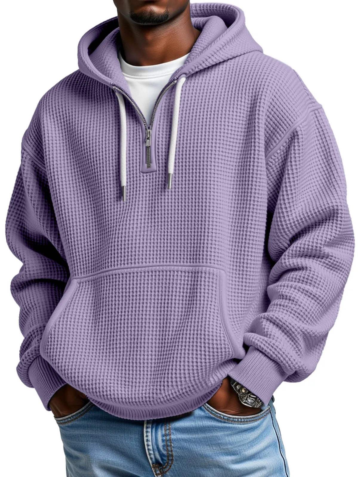 🔥Clearance Sale - Men's Wear Fashionable Casual Waffle Fabric Zipper Hooded Pockets Loose Coat
