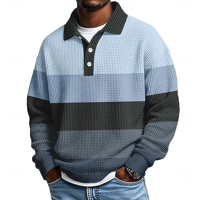 Men's Horizontal Stripes Waffle Polo Shirts Textured Long Sleeve Polo Shirts