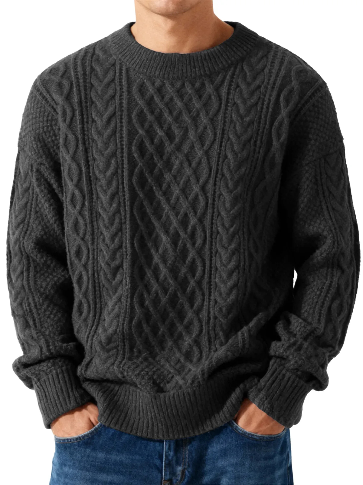 Men's Jacquard Textured Crewneck Knit Sweater