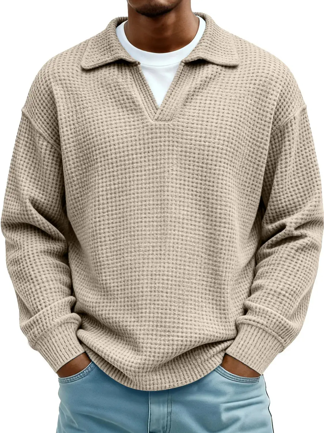 Men's Loose and Comfortable Waffle Knit Polo Shirt