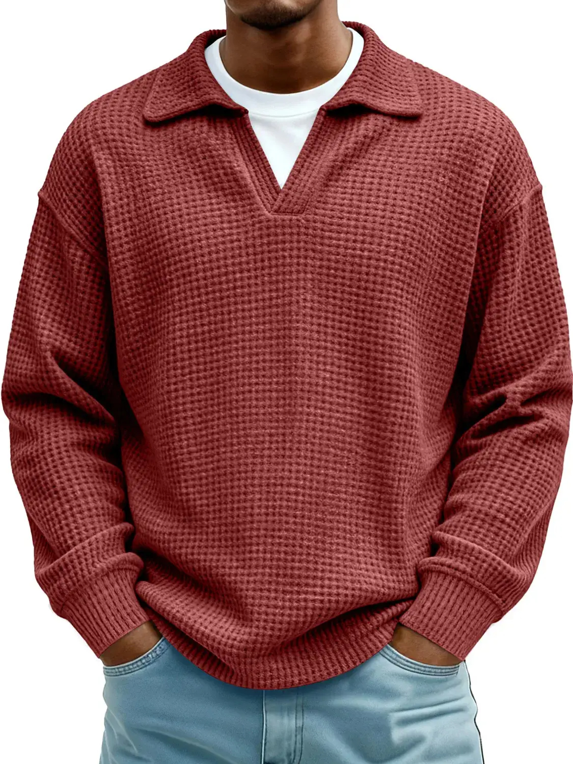 Men's Loose and Comfortable Waffle Knit Polo Shirt