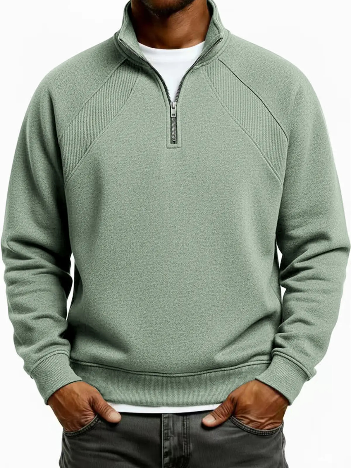 Men's Quarter-Zip Ribbed Raglan Textured Deconstructed Pullover Sweatshirt