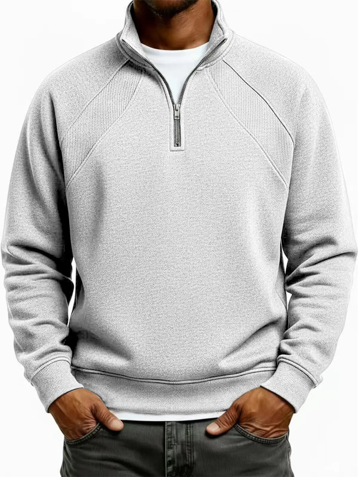 Men's Quarter-Zip Ribbed Raglan Textured Deconstructed Pullover Sweatshirt