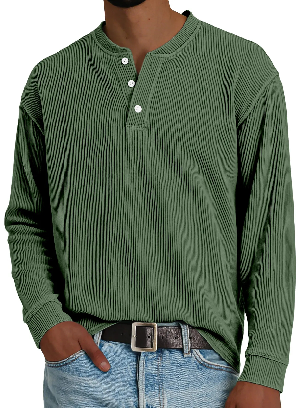 Men's Simple Loose Vertical Pit Strip Long-sleeved Henley Shirt
