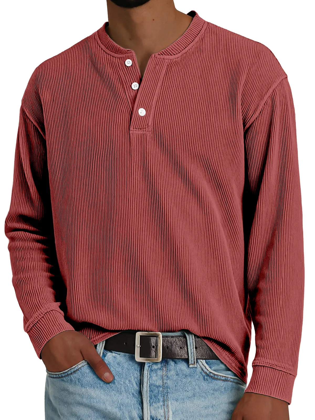 Men's Simple Loose Vertical Pit Strip Long-sleeved Henley Shirt
